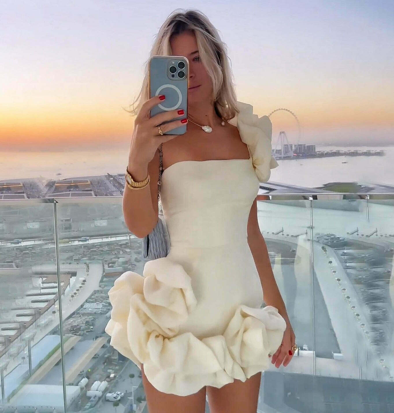 Ruffled flower one-shoulder dress with bud waist - Y2K fashion statement for women's niche style
