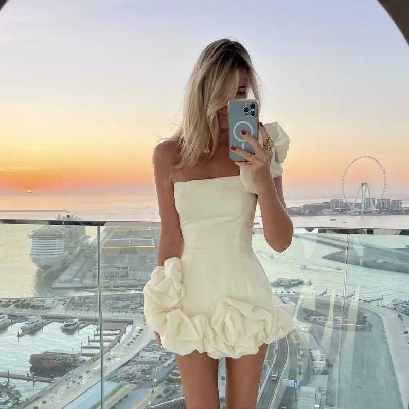 Ruffled flower one-shoulder dress with bud waist - Y2K fashion statement for women's niche style