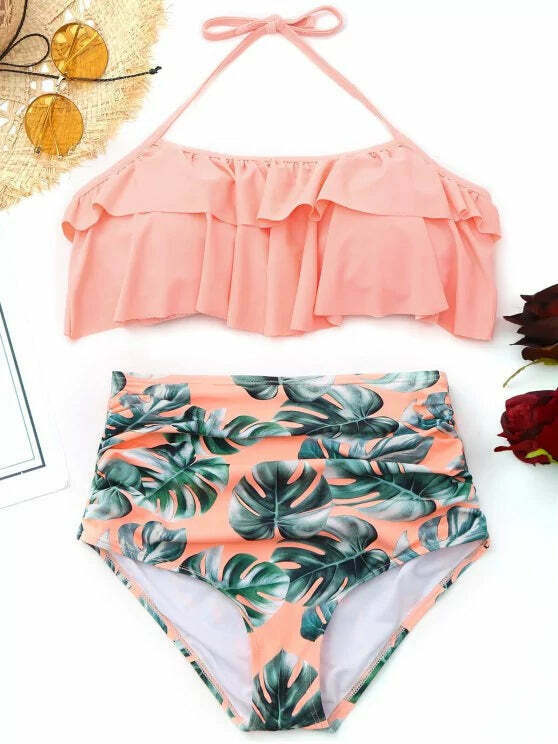 Ruffled Palm Leaf High Waist Bikini - Y2K Fashion Swimwear for Women
