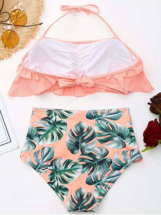 Ruffled Palm Leaf High Waist Bikini - Y2K Fashion Swimwear for Women