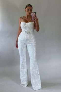 Sequin Jumpsuit with Chain Belt - Y2K Fashion Statement - Coquette Aesthetic & Grunge Style