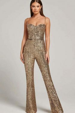 Sequin Jumpsuit with Chain Belt - Y2K Fashion Statement - Coquette Aesthetic & Grunge Style