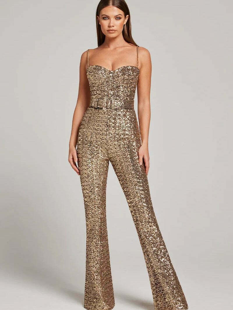 Sequin Jumpsuit with Chain Belt - Y2K Fashion Statement - Coquette Aesthetic & Grunge Style