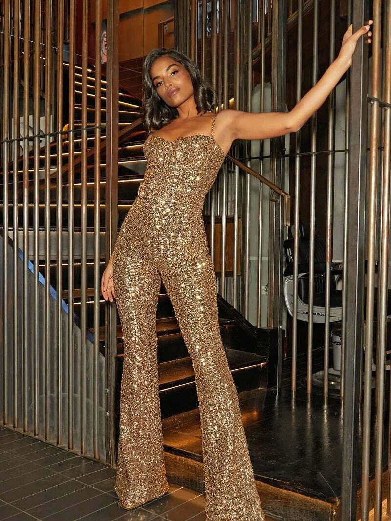 Sequin Jumpsuit with Chain Belt - Y2K Fashion Statement - Coquette Aesthetic & Grunge Style