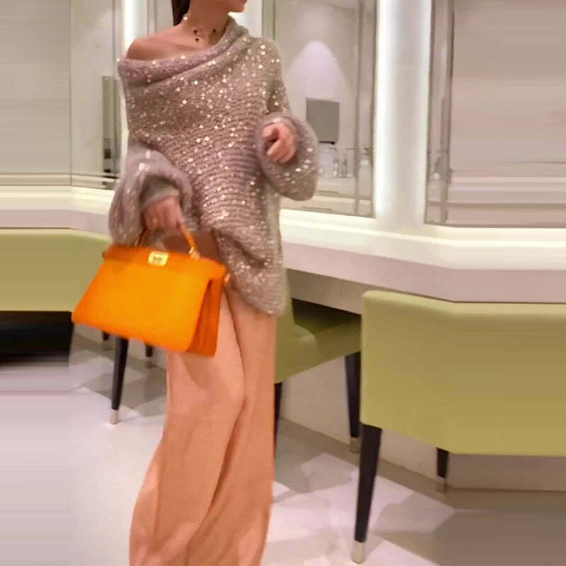 Sequin Shoulder Loose Sweater - Y2K Fashion Coquette Aesthetic Grunge Style