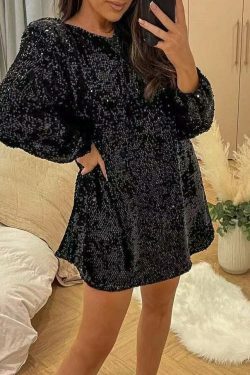 Sequined Dress: Y2K Aesthetic Long-Sleeved Loose Fit - Coquette Style Glamour with a Touch of Grunge