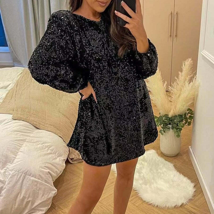 Sequined Dress: Y2K Aesthetic Long-Sleeved Loose Fit - Coquette Style Glamour with a Touch of Grunge