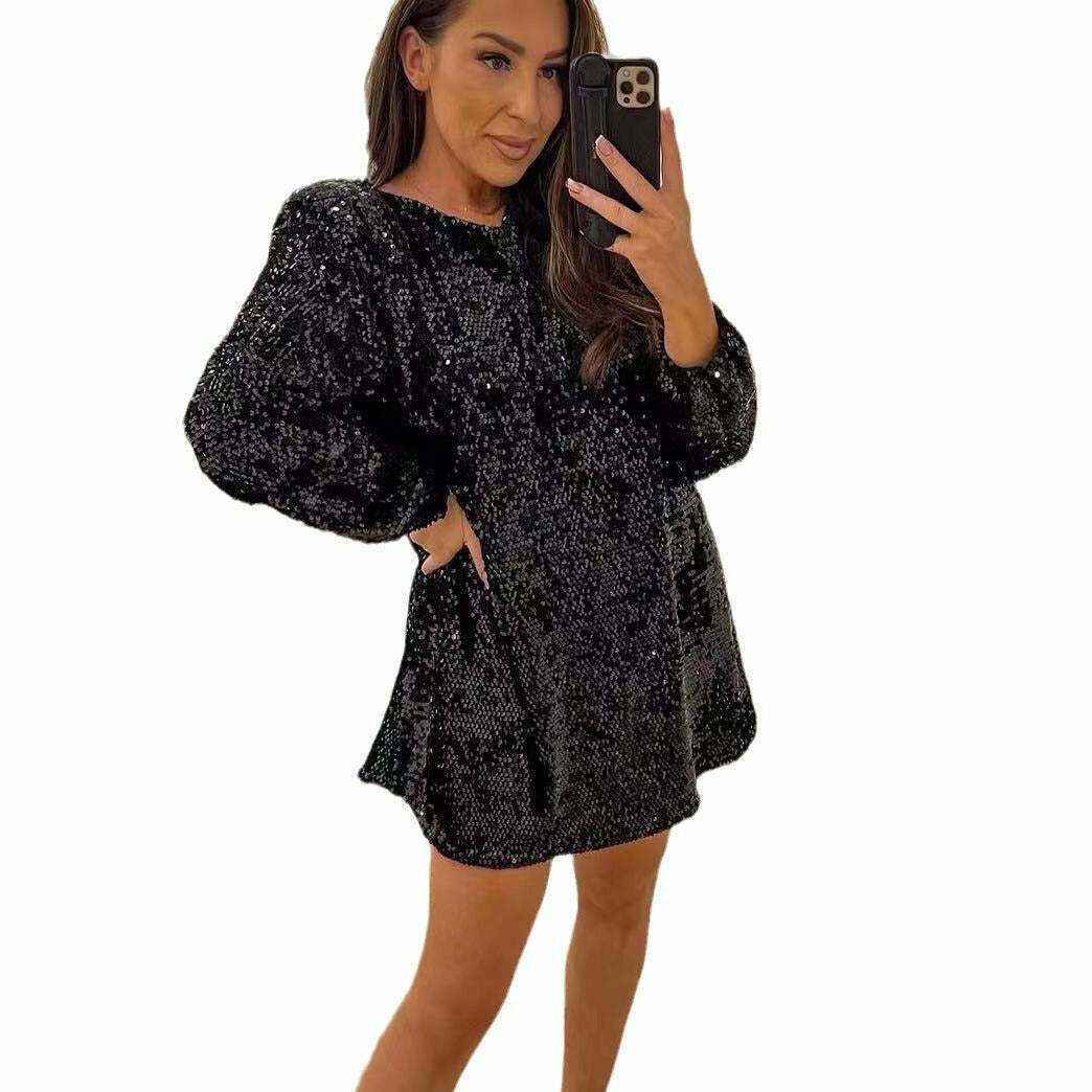Sequined Dress: Y2K Aesthetic Long-Sleeved Loose Fit - Coquette Style Glamour with a Touch of Grunge
