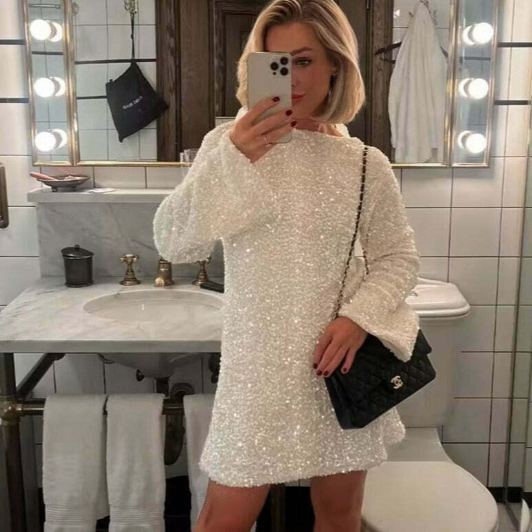 Sequined Dress: Y2K Aesthetic Long-Sleeved Loose Fit - Coquette Style Glamour with a Touch of Grunge