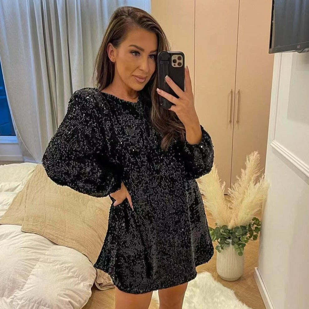 Sequined Dress: Y2K Aesthetic Long-Sleeved Loose Fit - Coquette Style Glamour with a Touch of Grunge