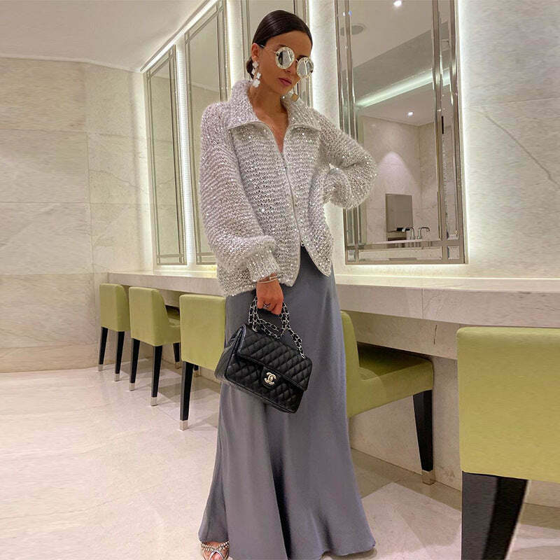 Sequined Lazy Style Sweater Jacket for Y2K Fashion Enthusiasts with Coquette and Grunge Aesthetic