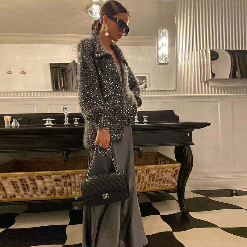 Sequined Lazy Style Sweater Jacket for Y2K Fashion Enthusiasts with Coquette and Grunge Aesthetic