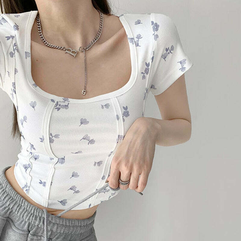 Shea Floral Crop Top - Y2K Fashion - Coquette Aesthetic - Grunge Style - Cute Tops - Pastel Goth