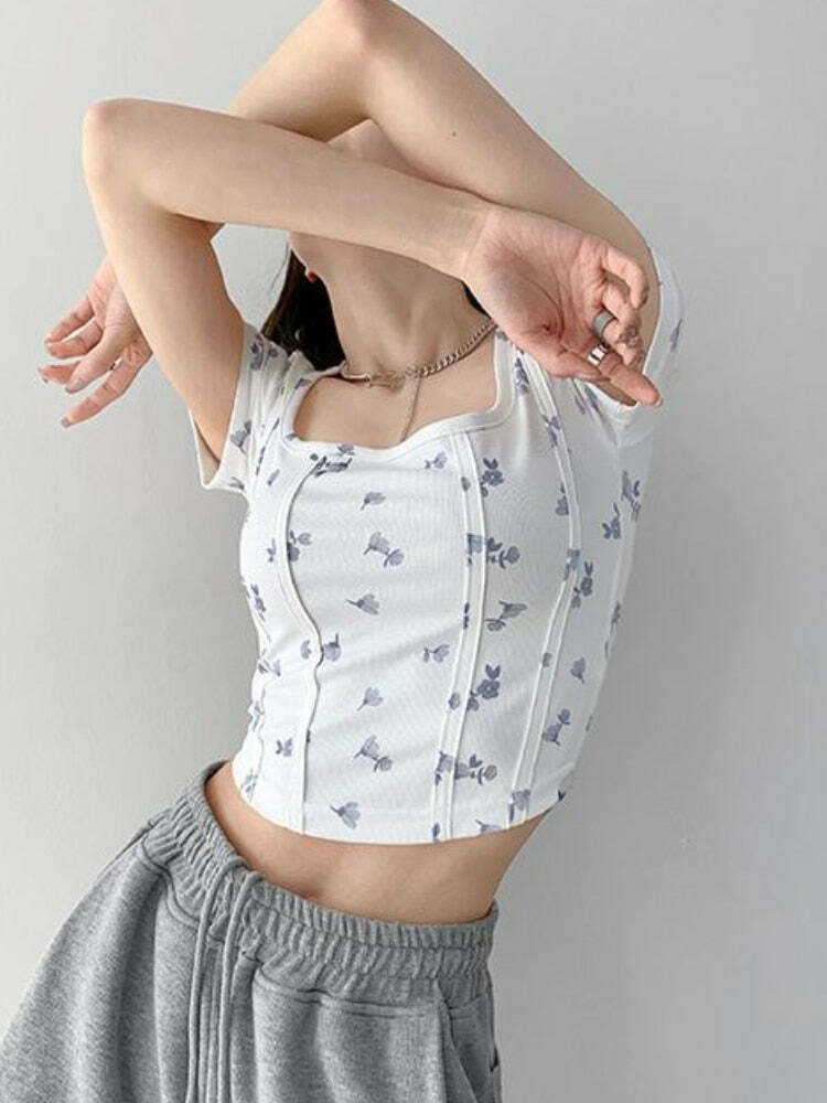 Shea Floral Crop Top - Y2K Fashion - Coquette Aesthetic - Grunge Style - Cute Tops - Pastel Goth