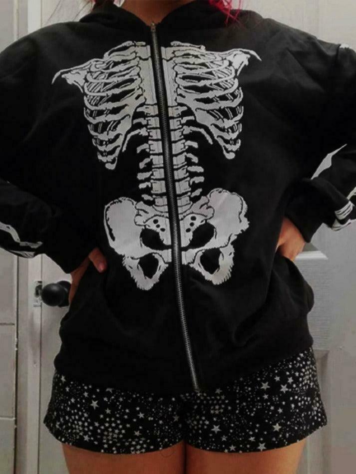 Skeleton Print Baggy Oversized Hoodie for Y2K Fashion Enthusiasts