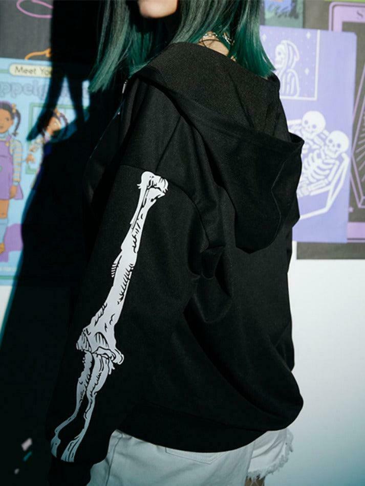 Skeleton Print Baggy Oversized Hoodie for Y2K Fashion Enthusiasts