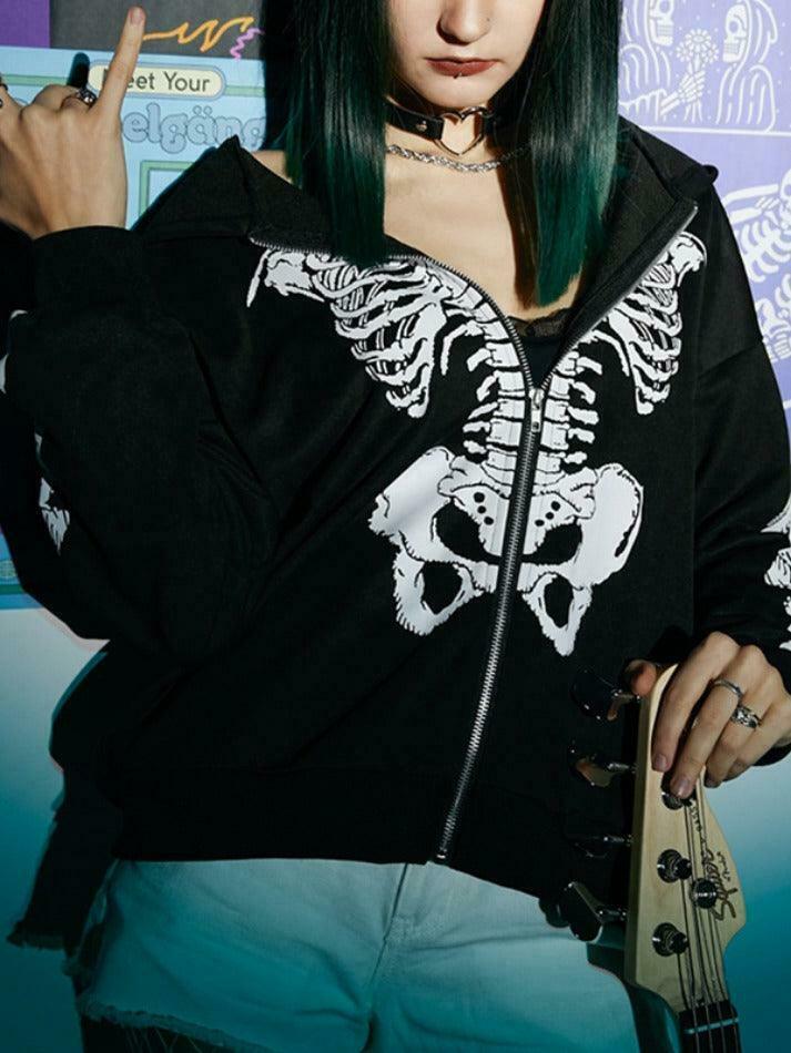 Skeleton Print Baggy Oversized Hoodie for Y2K Fashion Enthusiasts