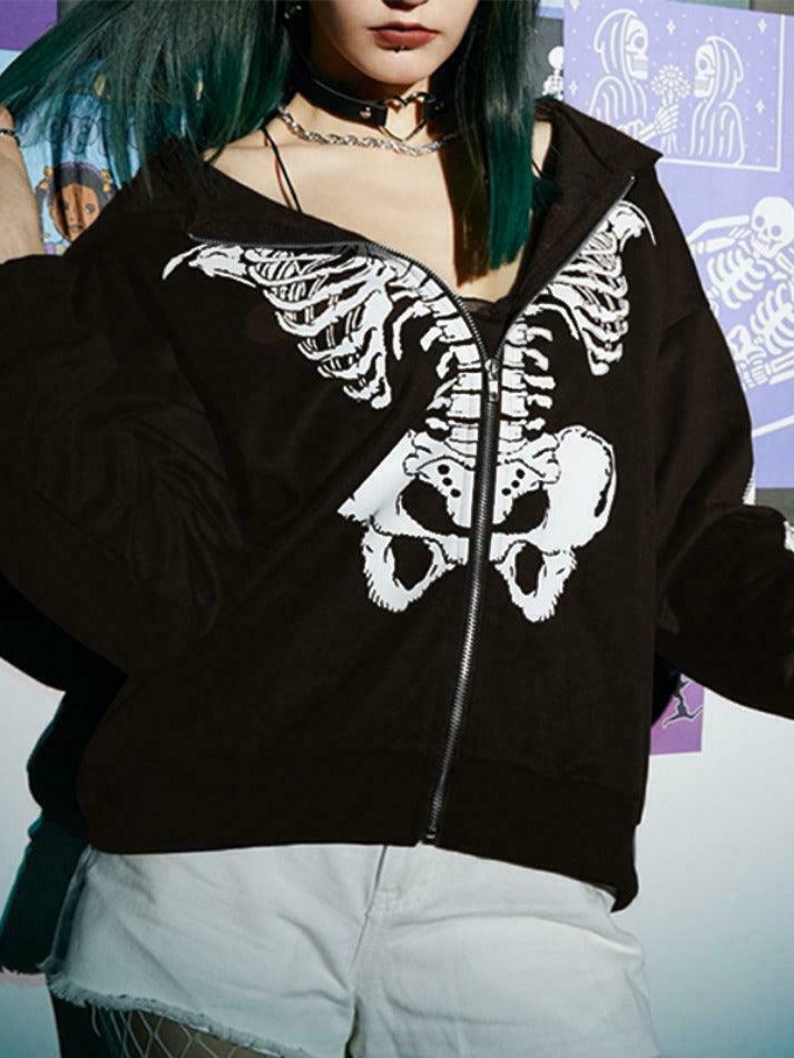 Skeleton Print Baggy Oversized Hoodie for Y2K Fashion Enthusiasts