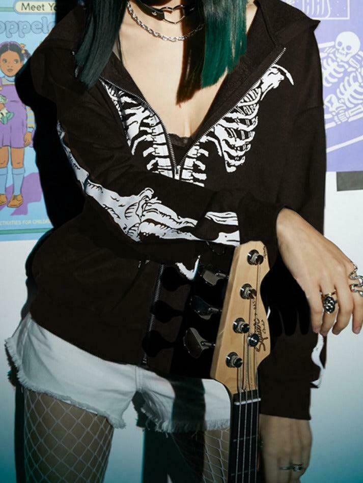 Skeleton Print Baggy Oversized Hoodie for Y2K Fashion Enthusiasts