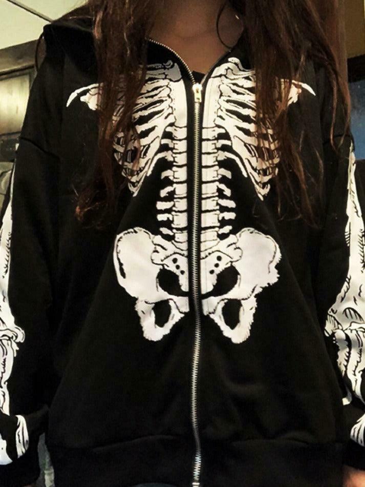 Skeleton Print Baggy Oversized Hoodie for Y2K Fashion Enthusiasts