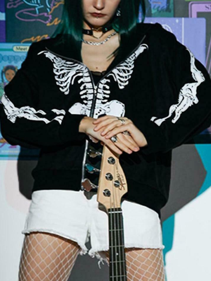 Skeleton Print Baggy Oversized Hoodie for Y2K Fashion Enthusiasts