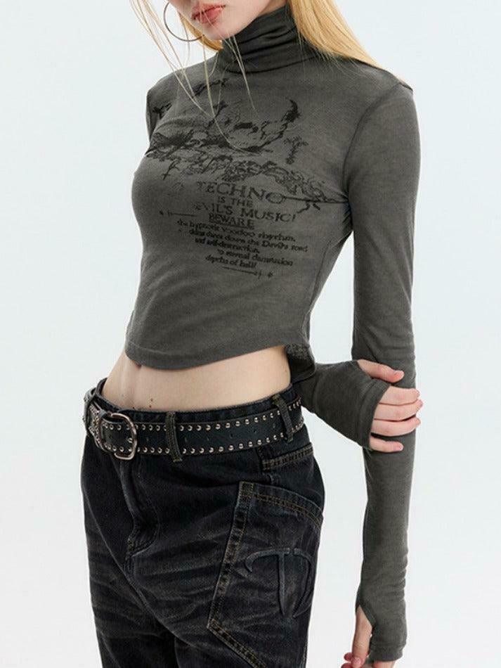 Skull Print High Neck Asymmetric Hem Long Sleeve Tee - Y2K Fashion Statement Piece