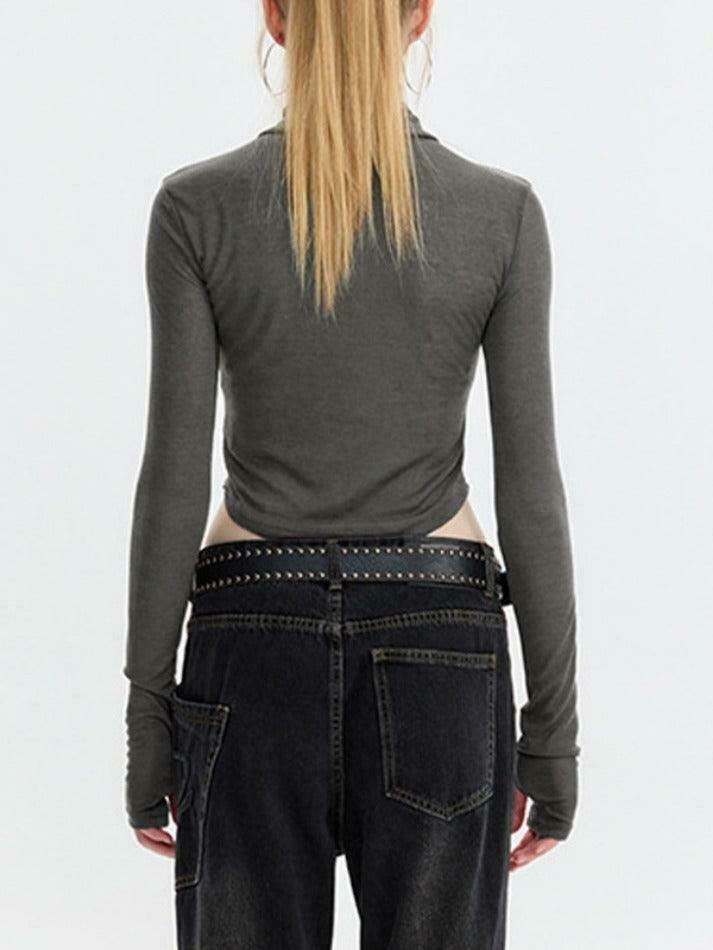 Skull Print High Neck Asymmetric Hem Long Sleeve Tee - Y2K Fashion Statement Piece