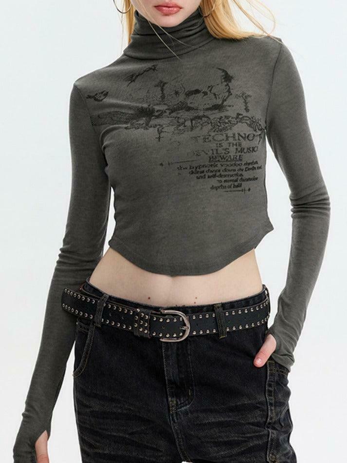 Skull Print High Neck Asymmetric Hem Long Sleeve Tee - Y2K Fashion Statement Piece