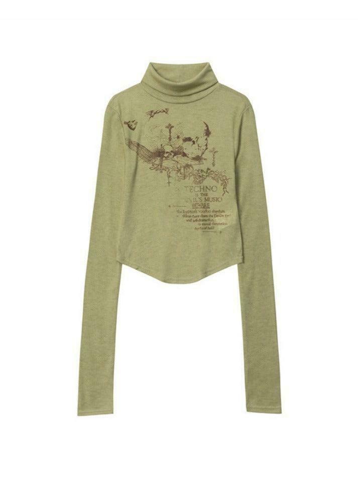 Skull Print High Neck Asymmetric Hem Long Sleeve Tee - Y2K Fashion Statement Piece