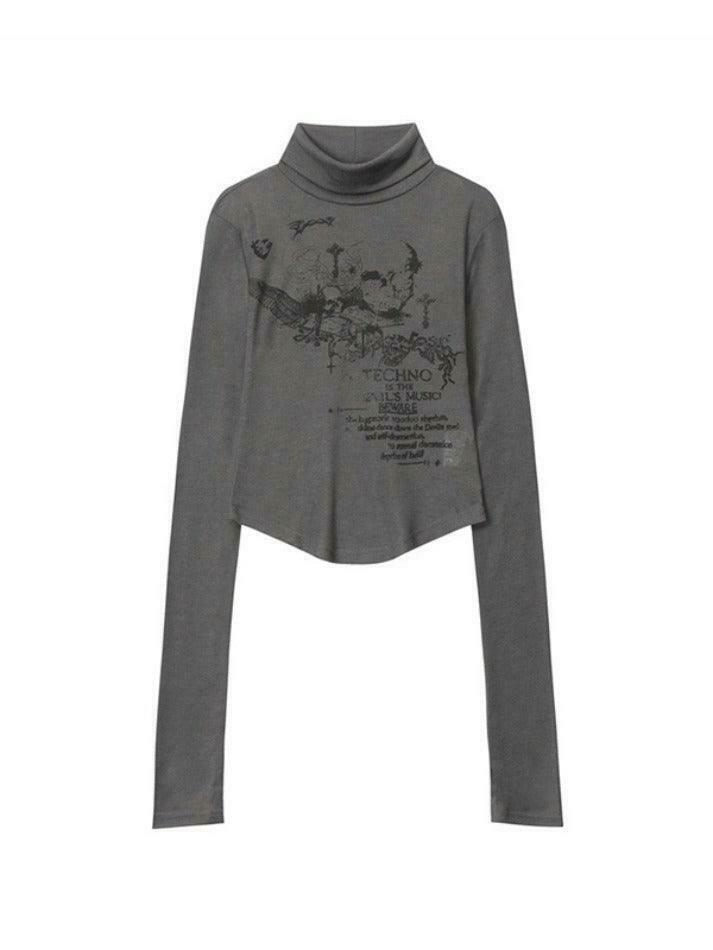 Skull Print High Neck Asymmetric Hem Long Sleeve Tee - Y2K Fashion Statement Piece