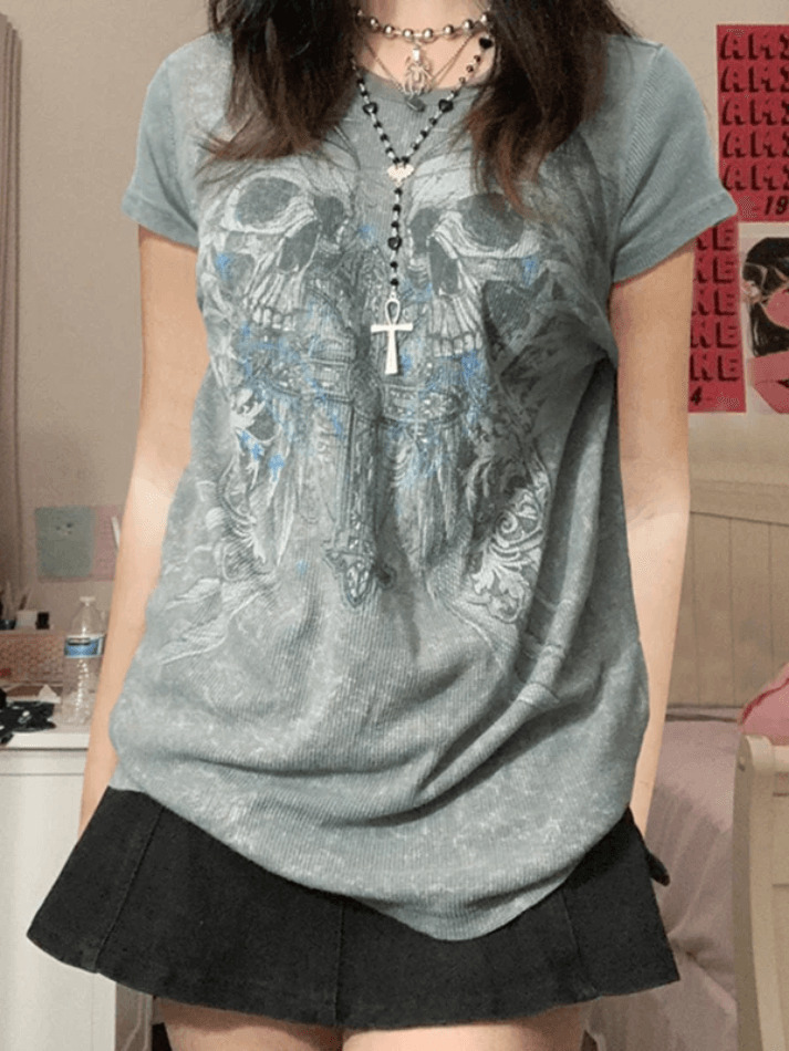 Skull Print Short Sleeve Tee - Y2K Fashion with Coquette Aesthetic & Grunge Vibes