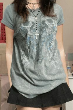 Skull Print Short Sleeve Tee - Y2K Fashion with Coquette Aesthetic & Grunge Vibes