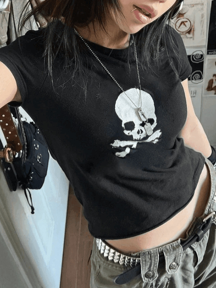Skull Print Y2K Crop Top: Coquette Grunge Style, Cute Tops, Pastel Goth, Cargo Skirt