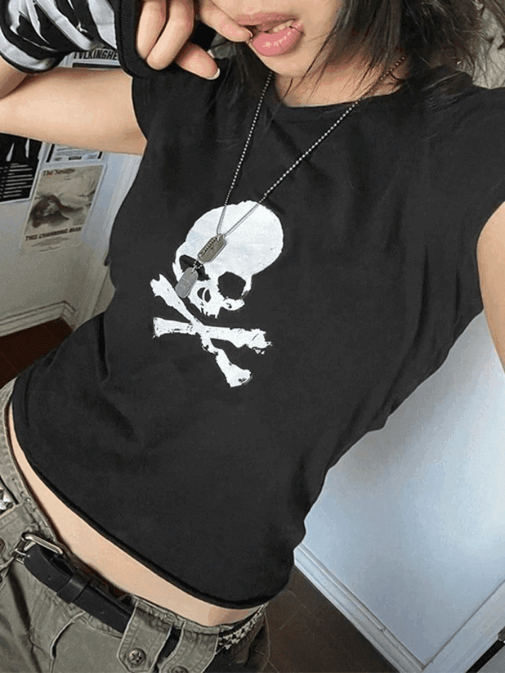 Skull Print Y2K Crop Top: Coquette Grunge Style, Cute Tops, Pastel Goth, Cargo Skirt