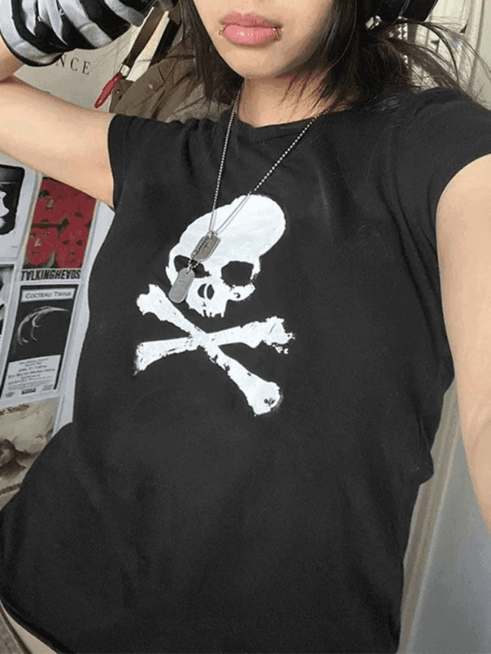 Skull Print Y2K Crop Top: Coquette Grunge Style, Cute Tops, Pastel Goth, Cargo Skirt
