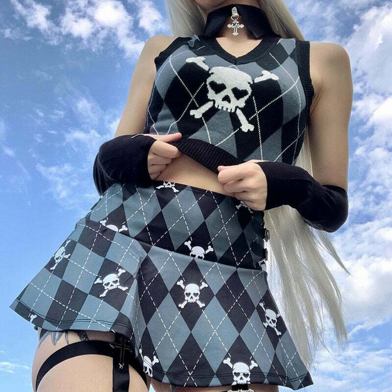 Skull Sweater Vest - Y2K Aesthetic Clothing for Women with Coquette and Grunge Style