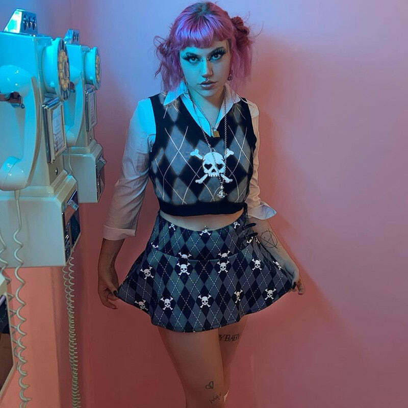 Skull Sweater Vest - Y2K Aesthetic Clothing for Women with Coquette and Grunge Style