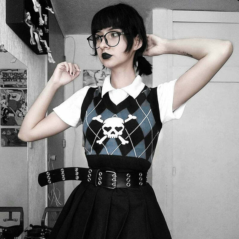 Skull Sweater Vest - Y2K Aesthetic Clothing for Women with Coquette and Grunge Style