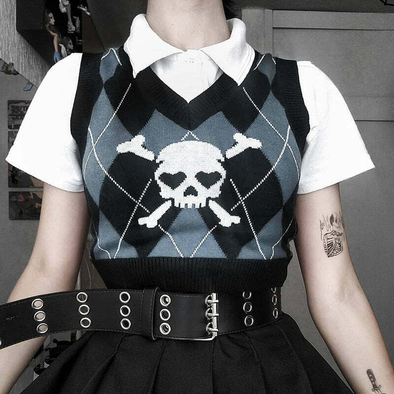Skull Sweater Vest - Y2K Aesthetic Clothing for Women with Coquette and Grunge Style