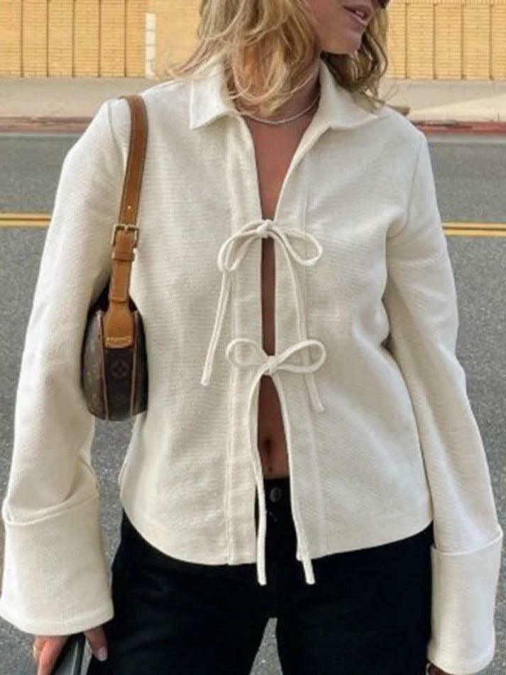 Solid Color Lace Up Cardigan: Coquette Aesthetic Long Sleeve Blouse for Y2K Fashion Enthusiasts