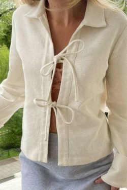 Solid Color Lace Up Cardigan: Coquette Aesthetic Long Sleeve Blouse for Y2K Fashion Enthusiasts