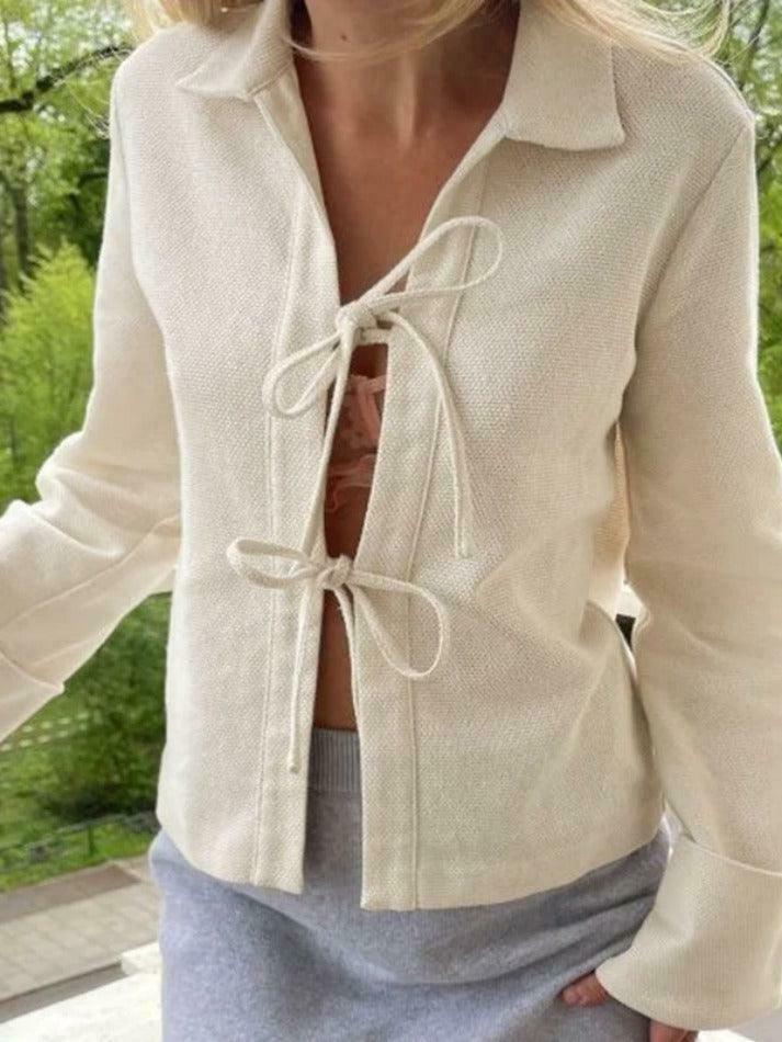 Solid Color Lace Up Cardigan: Coquette Aesthetic Long Sleeve Blouse for Y2K Fashion Enthusiasts