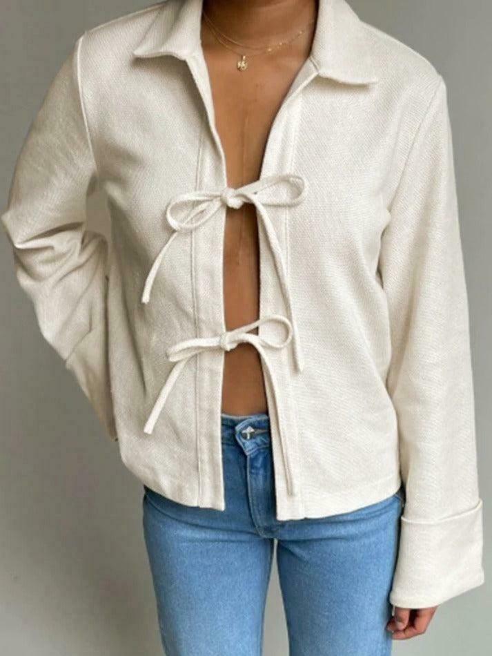 Solid Color Lace Up Cardigan: Coquette Aesthetic Long Sleeve Blouse for Y2K Fashion Enthusiasts