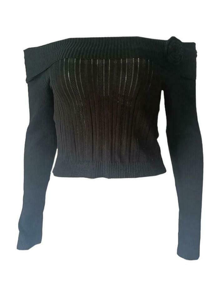 Solid Flower Decor Off Shoulder Sweater - Y2K Aesthetic Coquette Style for Women's Fashion