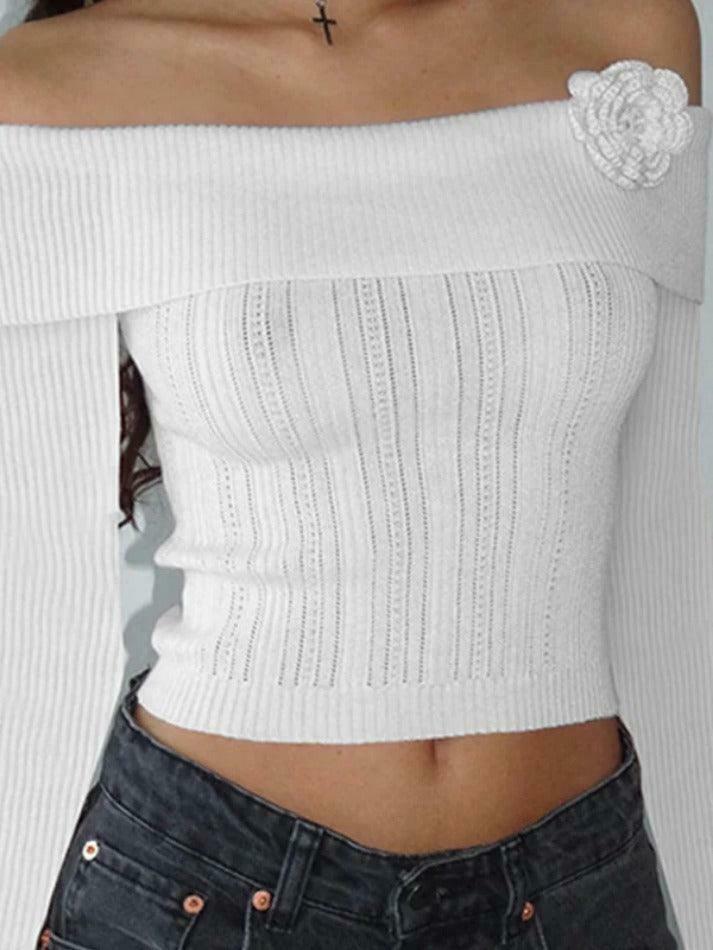 Solid Flower Decor Off Shoulder Sweater - Y2K Aesthetic Coquette Style for Women's Fashion