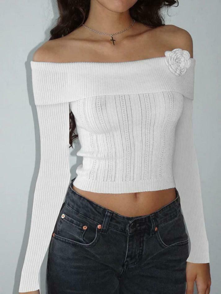 Solid Flower Decor Off Shoulder Sweater - Y2K Aesthetic Coquette Style for Women's Fashion