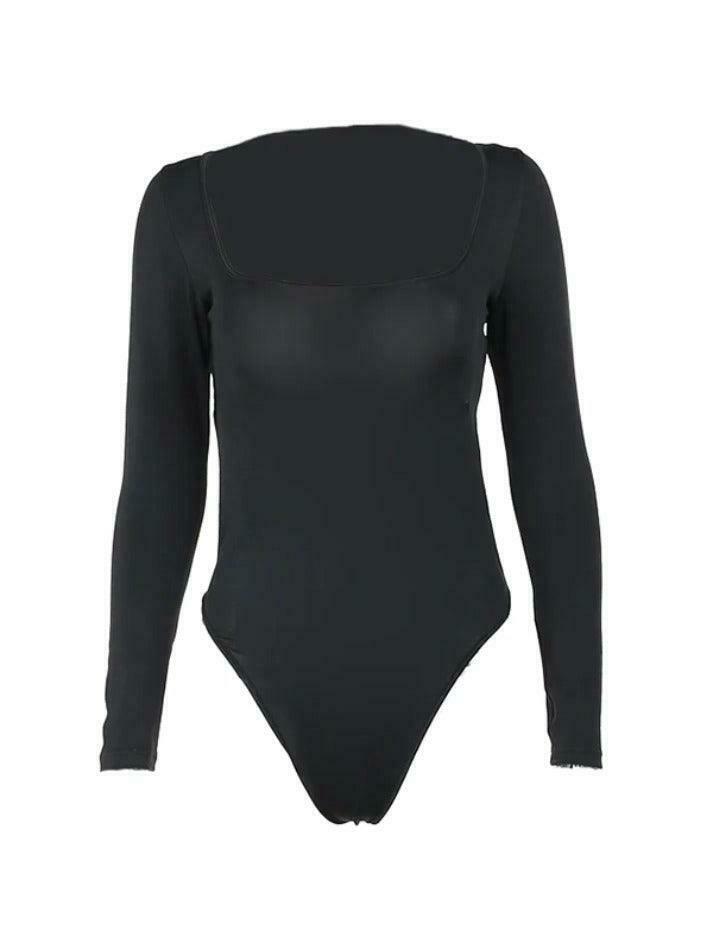 Solid Square Neck Tie-Up Backless Long Sleeve Tee - Y2K Fashion Coquette Aesthetic Grunge Style