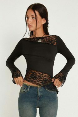 Sophia's Coquette Lace Tee: Y2K Fashion Aesthetic with Grunge and Pastel Goth Vibes