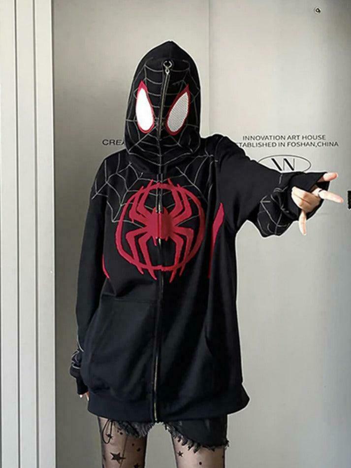Spider Print Oversized Hoodie: Y2K Aesthetic Coquette Fashion with Grunge Style and Cute Tops