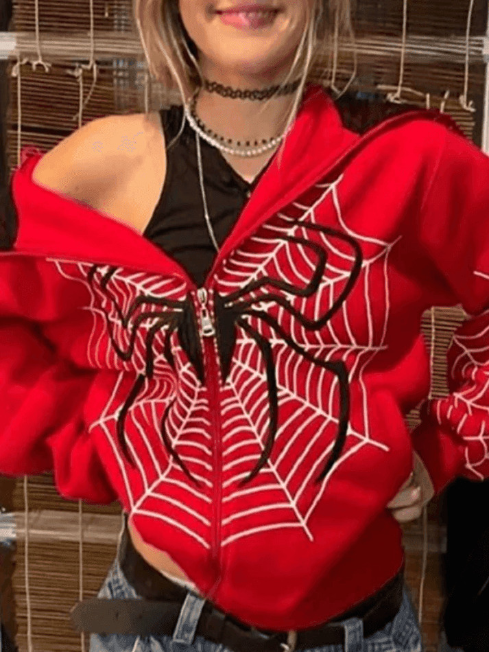 Spider Print Zip-Up Hoodie - Y2K Aesthetic Fashion - Coquette Grunge Outfit
